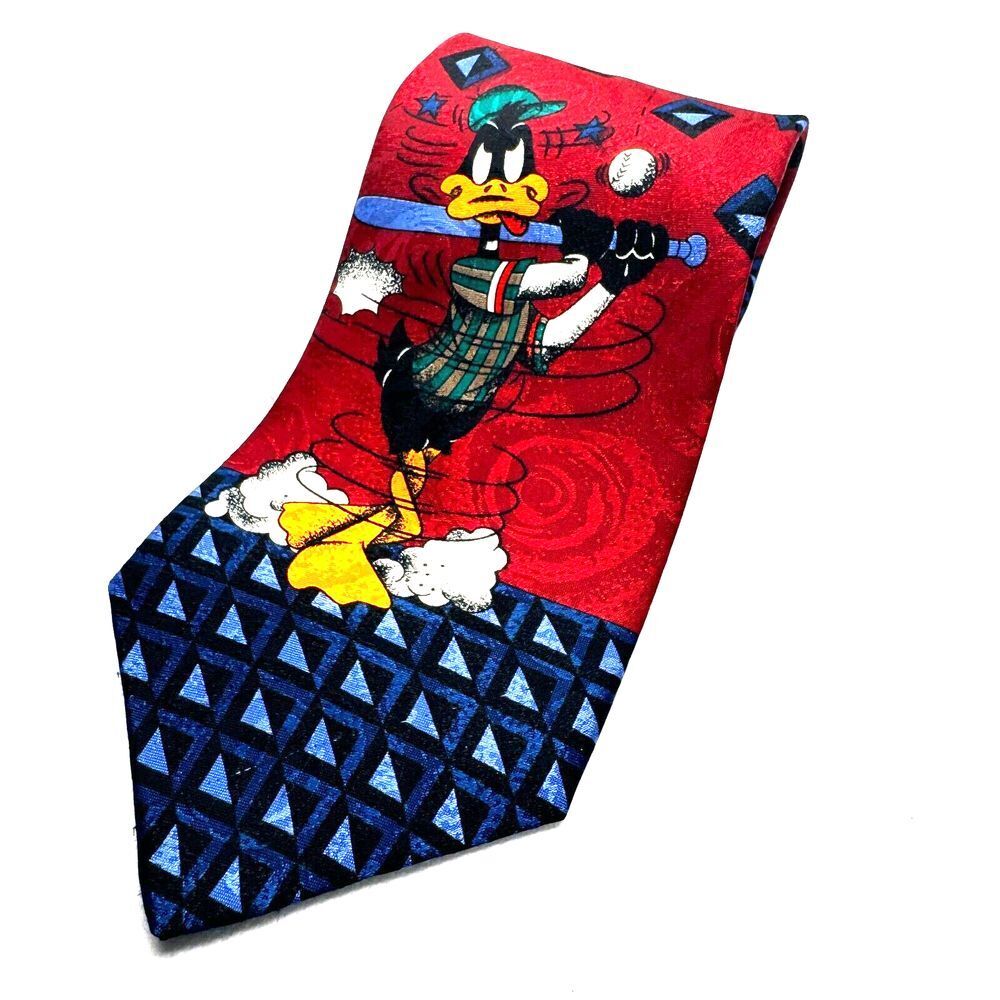 Disney Mickey Unlimited Daffy‎ Duck Baseball Tie Red Blue Patterned Silk Blend
